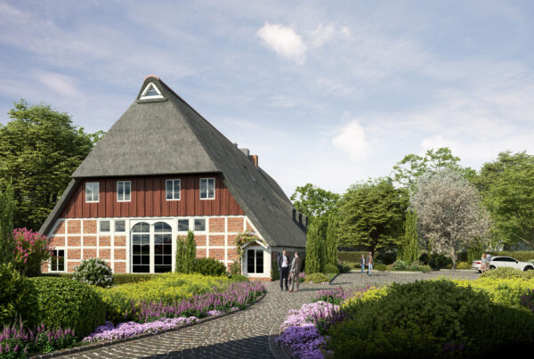 3D-Visualisierung einer Denkmalimmobilie: Einfamilienhaus "Scheune" in Stade. Umsetzung Denkmalschutz und Ausarbeitung der Gartenanlagen.